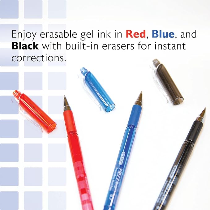 BAZIC PRODUCTS Frizz Erasable Gel Pens, 0.7mm Medium Point, Assorted Colors Ink, Comfort Grip for Smooth Writing Drawing Planner, 12-Pack