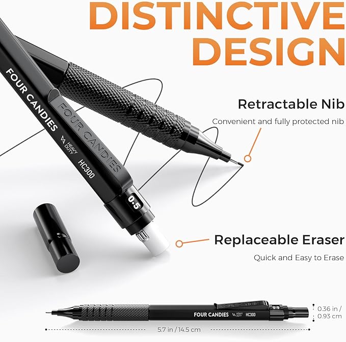 Four Candies Metal Mechanical Pencil Set, 3PCS Art Drafting Pencils 0.5, 0.7, 0.9MM & 2PCS 2MM Mechanical Drawing Pencils with 420PCS Leads (4B 2B HB 2H Color) for Writing Sketching Drawing (Black)