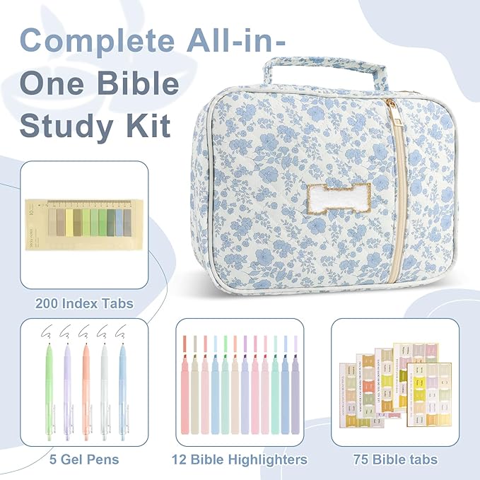 Personalized Initial Bible Cover Case for Women Girls Kid - Large Quilted Bible Case with Handle, Stylish Chenille Letter Bag Study Supplies, Perfect Christmas Gifts for Christians (Blue Flower-I)