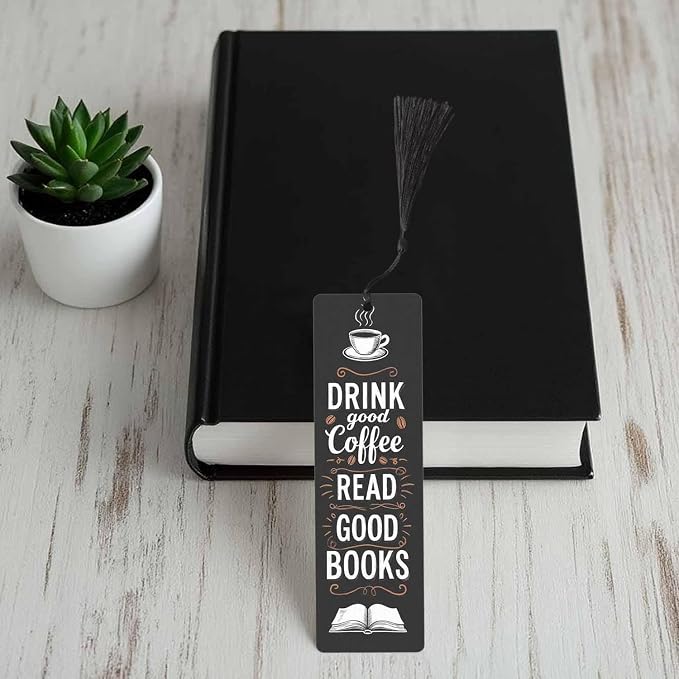 Drink Coffee Bookmarks Set 5 with Tassels Good Books Black Wooden Bookmarks for Reading Women Men Students Teachers School Supplies