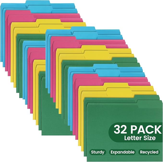 Colored File Folders 32 Packs, Letter Size, 1/3 Cut Tab. Chromatic Manila Folders 8.5 x 11 for Documents, File Folders with Foldable Lines for Easy Storage, Carpetas para Documentos for Office, School
