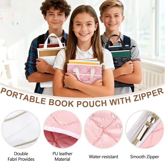 Likesing Book Sleeve Pouch with Zipper, Waterproof Book Pouch 13" X 11", Book Protector Sleeve with Front Pocket, Book Protector Sleeve, Book Club Christmas Birthday Gifts for Book Lovers (Pink)
