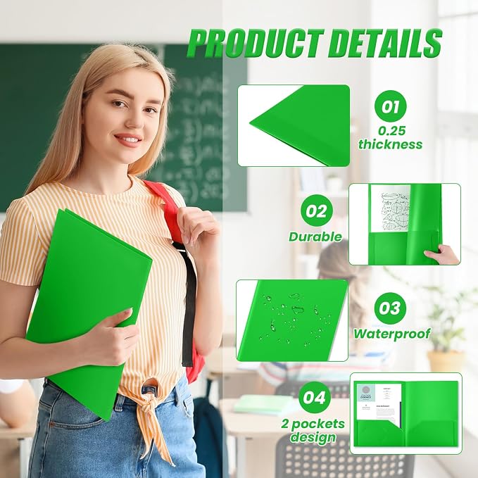 Gueevin 100 Pack Plastic Folder with Pockets, 2 Pocket Folders, Plastic Glossy Folders Fit Letter Size Paper, Heavy Duty Durable File Folder with Business Card for Home Office School (Fresh Green)