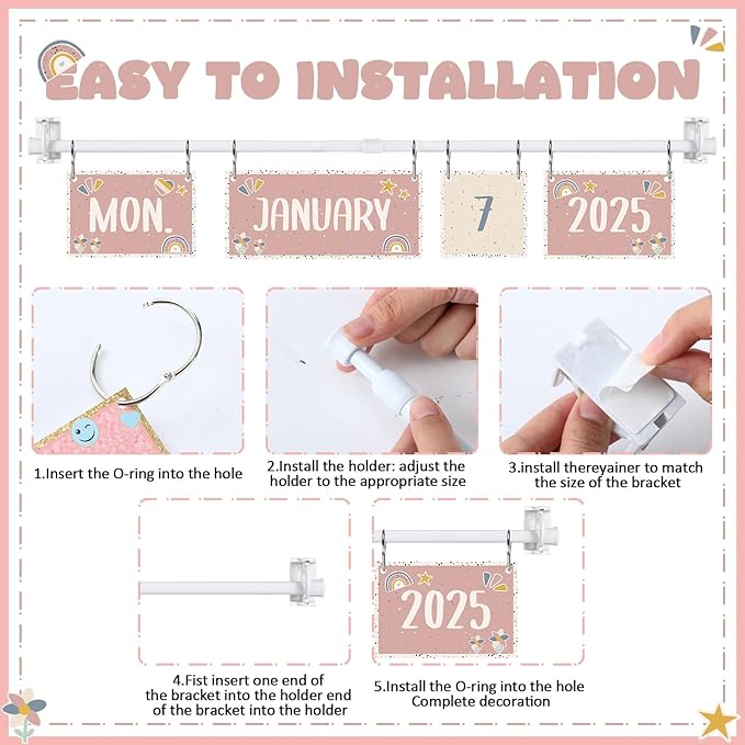 AmazingSpark 54 Pcs Boho Calendar Bulletin Board Set 54 Date Cards for Boho Flip Calendar with Adjustable Holder for Home Decor Back to School Classroom Decoration Supplies