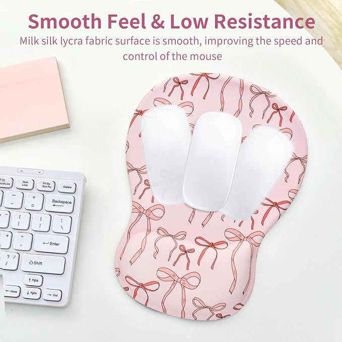Cute Bow Mouse Pad Wrist Support Wrist Rest, Ergonomic Mouse Pad with Non-Slip Base for Office Gaming Working Computers, Desk Accessories Workspace Organizers,Light Pink Bow Knots