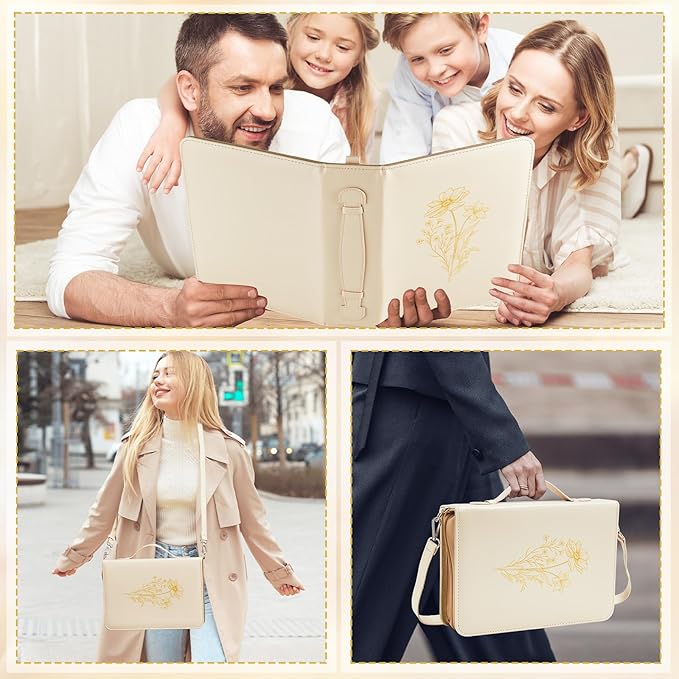19PCS Floral Beige Leather Bible Cover for Women Bible Cover Cases for Teen Girls Christmas Gift Christian Church Carrying Bag Journaling Kit with Shoulder Strap Highlighter Pens & Book Marker