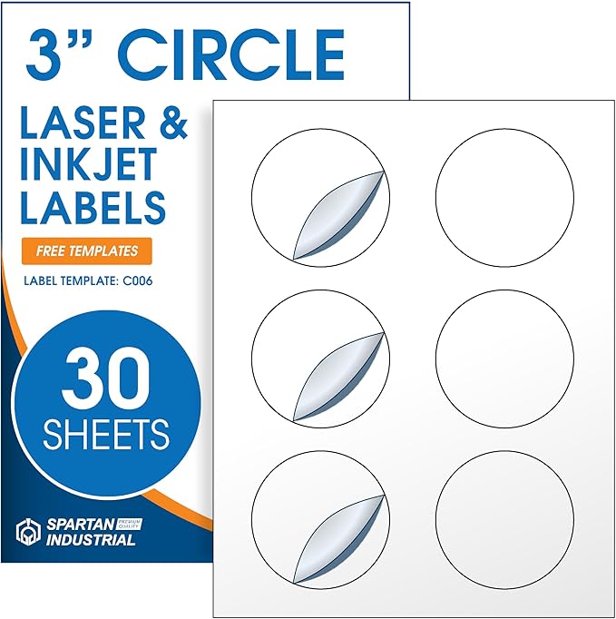 3" Printable Round Labels for Laser and Inkjet Printers - 180 Blank Labels, 30 Sheets for Business Logos, Thank You Stickers, Price Tags, QR Codes - Spartan Industrial Template C006
