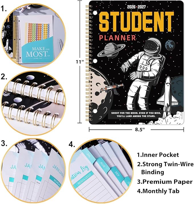 Student Planner 2026-2027 - Student Planner for Academic Year 2026-2027, July 2026 - June 2027, 11'' x 8.5'', Weekly & Monthly Pages with Holidays, Tabs, Stickers, Ruler, Pocket