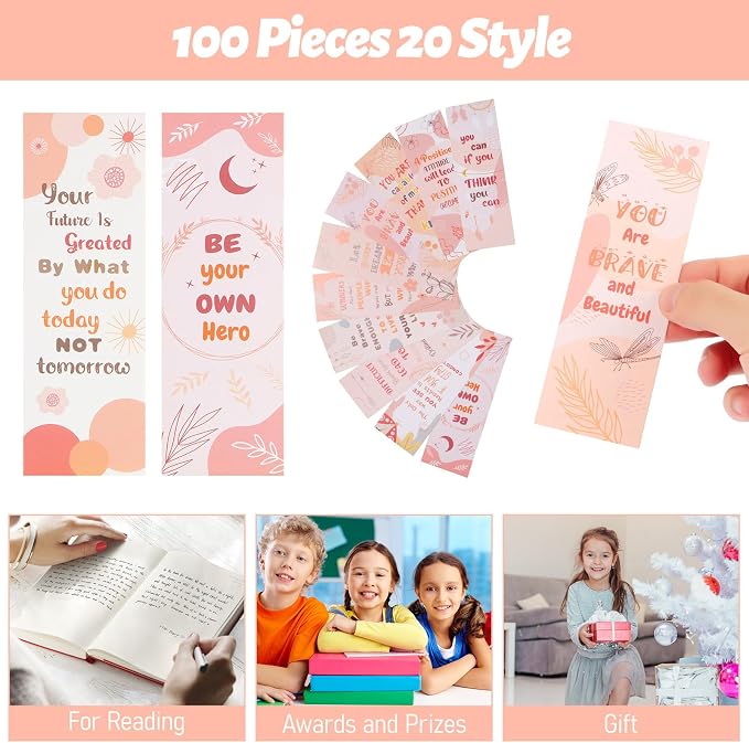 LiYiQ 100 Pcs Boho Motivational Encouraging Inspirational Bookmarks 7×2.5-inch Double-Sided Bookmark for Book Lovers Cute Bookmark for Reader Students School Supplies