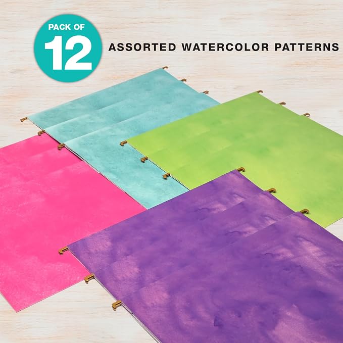 Global Printed Products Deluxe Designer Printed Hanging File Folders, 4 Patterns, Letter Size, 12/pk (Watercolor Solid)