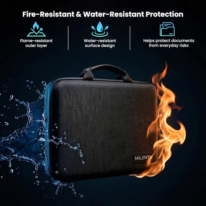 Fireproof Document Box with Lock, Hard Case File Organizer with Accordion Folder, Portable Fire Resistant Document Storage Bag for Home, Office and Travel, Secure Zippered Briefcase – Black