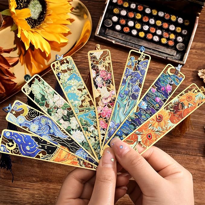 icceemee 8 Pieces of Gold Hollow Bookmarks with Tassels, Featuring Van Gogh and Monet Oil Painting Themes Perfect for Book Lovers, Writers, Readers, Children, Teenagers, Men, Women, and Adults