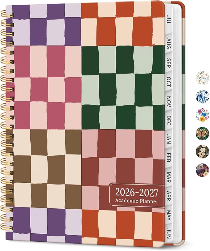 Planner 2026-2027, Academic Year Monthly and Weekly Calendar Planner, Jul 2026 - Jun 2027, Hardcover Teacher Student Planning Agenda book with Tabs, Perfect for School Office Supplies, 8.5" x 11" - Checkered