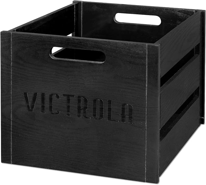 Victrola Wooden Record Crate – Tabletop Vinyl Album Holder, No-Tool Assembly, Holds Over 50 Records, Real Wood Construction, Elegant Design (Black)
