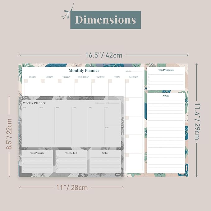 Rileys & Co Monthly Desk Pad Planner, Undated Calendar With 52 Tearaway Sheets, Wide To Do Notepad With Top Priorities and Notes, 16.5 x 11.4 Inches (Floral)