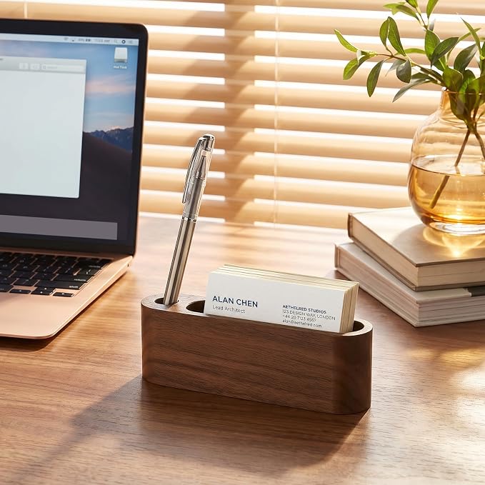 Wooden Desktop Name Card Display Stand with Pen holder, Business Card Holder for Desk, Minimalist Wooden Desk Organizer, Office Desk Accessories for Office Home Tabletop Exhibition