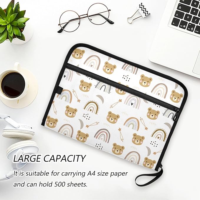 Cartoon Bear and Rainbow File Folders, Plastic Folders with 13 Pockets, Expandable File Folder for Documents School Students Office, Aesthetic Folder with Labels A4 Letter Size