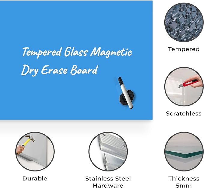 Magnetic Glass Dry Erase Board, Frameless Glass Blue Board, 24" x 36", with Magnets, Markers, Aluminum Marker Tray, Magnetic Eraser for Office, Home & School by Fab Glass & Mirror
