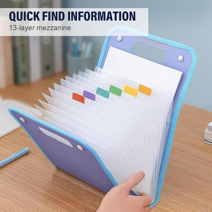 Accordion File Organizer, Expanding File Folder 13 Pockets Accordion File Organizer with Labels, Portable Document Organizer Hold A4 Files, Folder for Schoolbag Classroom Office Supplies (Blue)