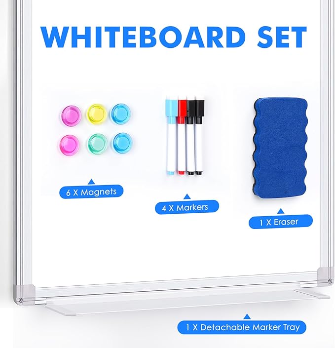 Magnetic Dry Erase Board for Doors, 24x18 Inch Whiteboard with Adjustable Long Arm Hook Mount - Easy to Install, Portable Hanging White Board for Home, Dorm Room, Office Cubicle & Small Spaces
