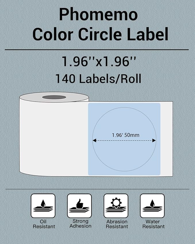 Phomemo Circle Labels for M110/M110S/M120/M200/M220 Label Maker, 1.96" x 1.96"（50x50 mm） Round Thermal Label for Barcode Labels, DIY Logo Design, Blue