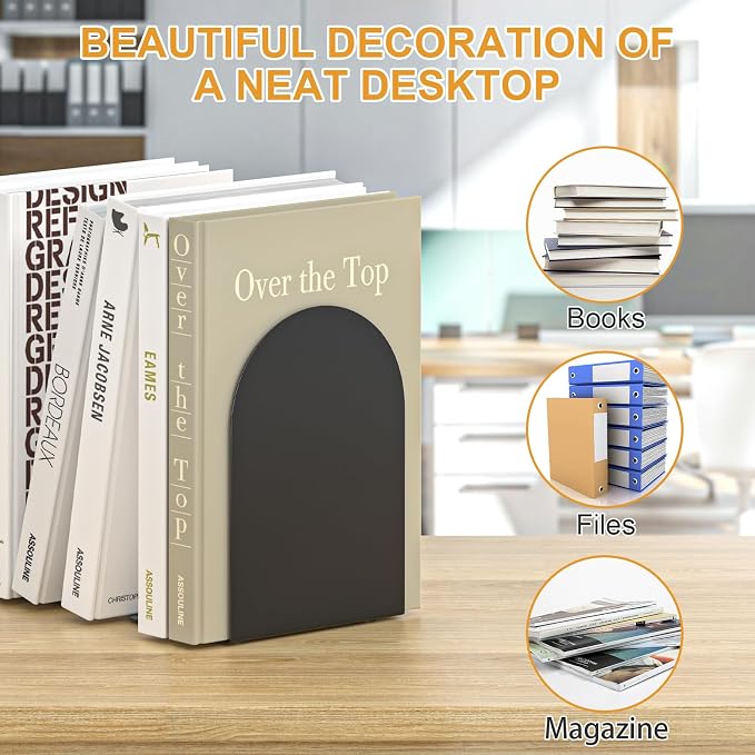 Bookends 2 Pairs, Metal Round Bookends for Shelves, Book Ends for Desk, Book End to Hold Books, Book Stopper, Black Bookend for Home Office