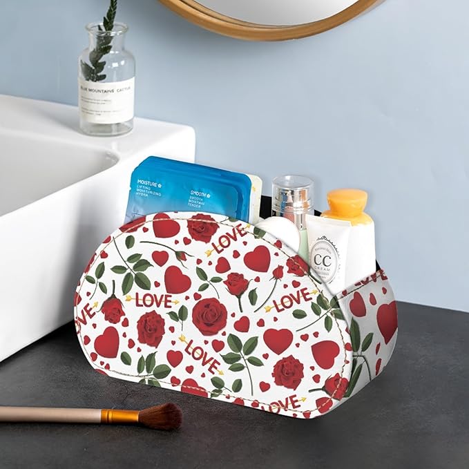 FUSURIRE Red Rose Love Print Tv Remote Controllers Holders for Desk Bed Couch Sofa, PU Leather Desk Storage Box Multi-functional Pencil Holder,Valentine's Day Theme Home&Office Accessories
