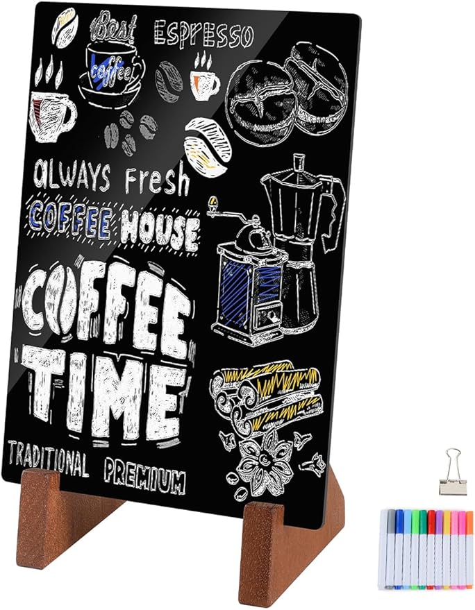 Double-Side Small Chalkboard Painting Sign 5x7 Inch with Wood Holder for Table Display, Coffee/Restaurant Menu Message Board, Number Holder Party Decorations with 12 Color Pens and 1 Clip