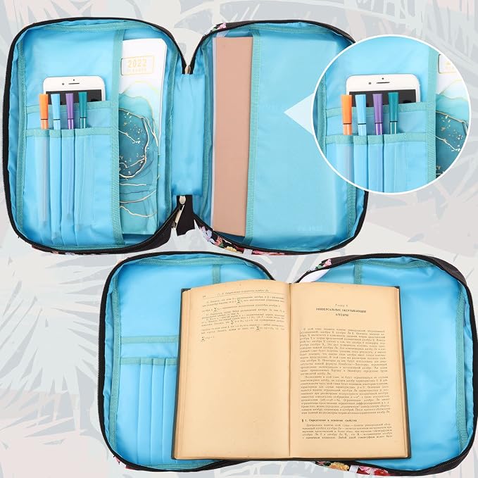 Yaomiao Bible Cover Case for Women Girls Large Bible Bag with Flowers Printing Carrying Case with Handle, 8 Pens, 90 Tabs Cover Bag Portable with Bookmarks for Study Christian Gift(Classic Style)