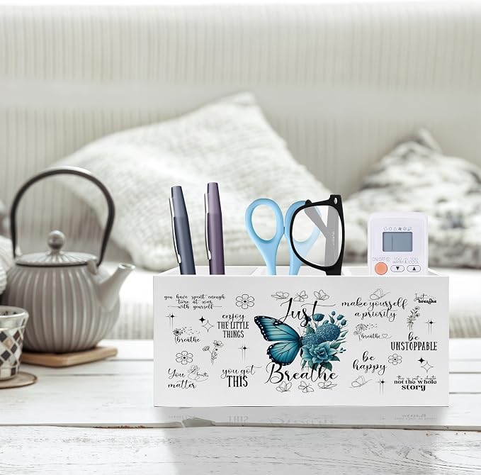 Just Breathe Inspirational Pen Pencil Holder, Therapy Office Decor, Teal Butterfly Flower Mental Health Pencil Pen Holder Organizer for Home Counseling Office Desk Accessories