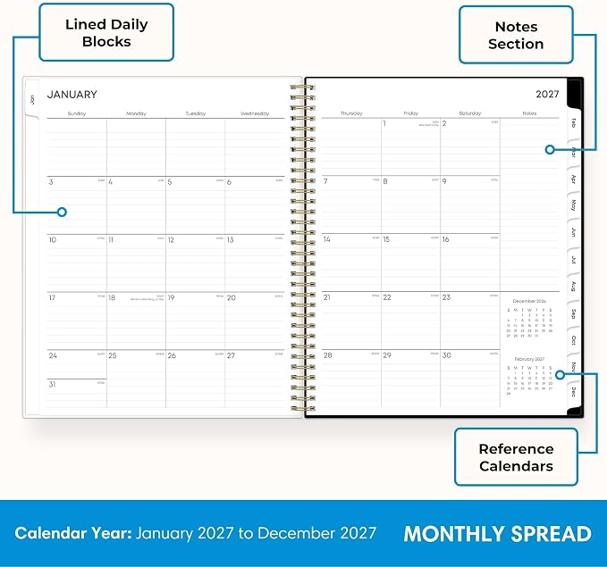 Blue Sky 2027 Weekly and Monthly Planner Calendar, January 2027 - December 2027, 8.5" x 11", Clear Pocket Cover, Laminated Tabs, Durable Twin Wire Binding, Storage Pocket, Baccara Dark