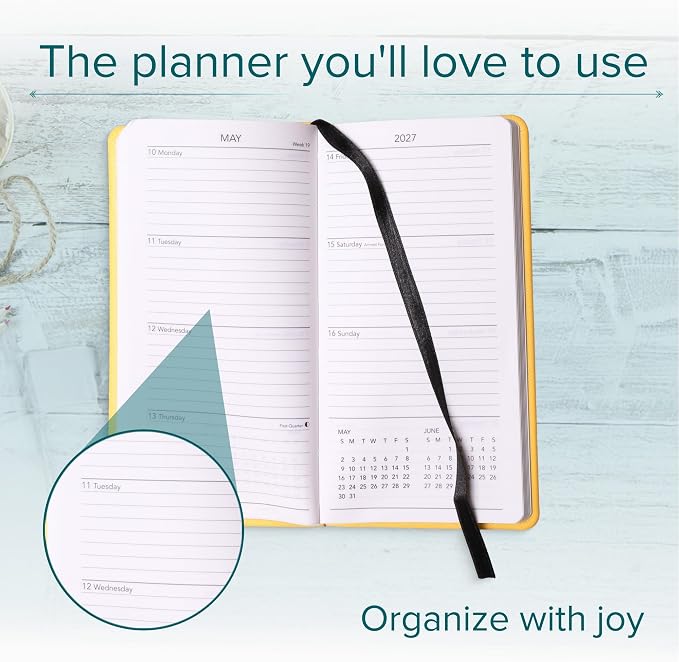 Harbor Pocket Weekly Monthly Planner 2027, Calendar Planner and Notebook, Durable Faux Leather, 192 Pages, Softcover & Book Bound - Cambridge Orchid Flower - 6x3.25"
