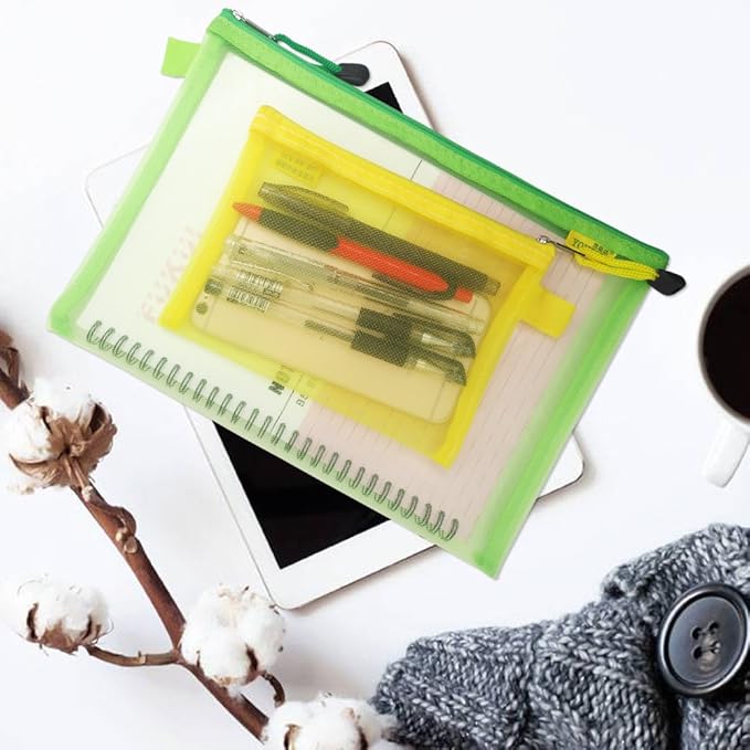 8 Pcs Zipper Mesh File Bags Folder Document Pockets with Bill B5 A5 A6 Size, AFUNTA 4 Color 4 Size Nylon Pencil Case Cosmetic Storage Office Pouch Holder- Orange, Yellow, Green, Rose Red