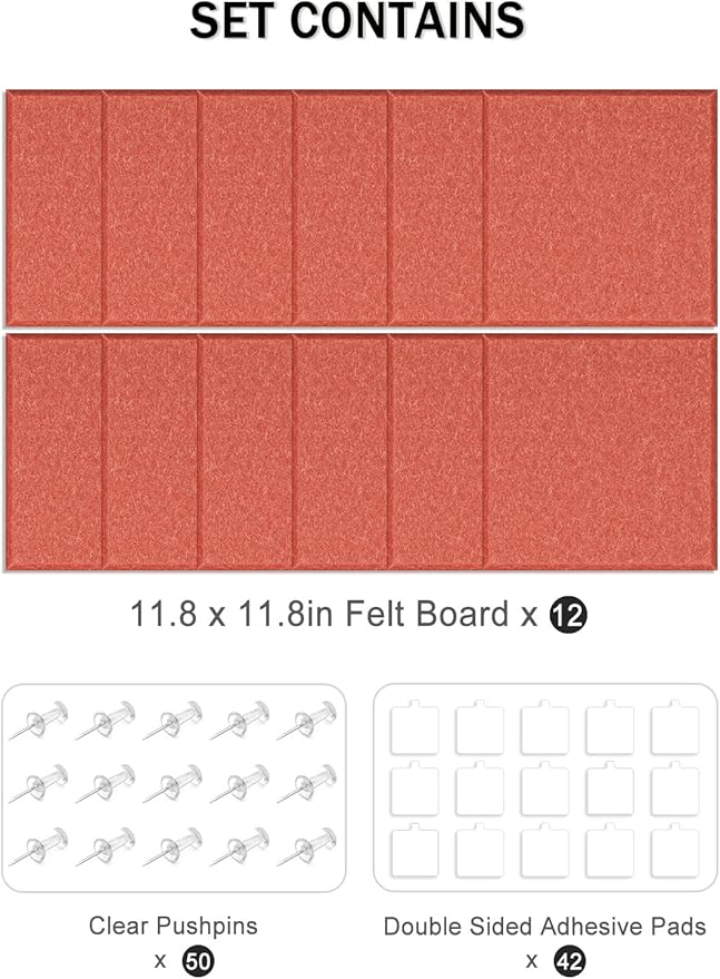 Hsurbtra Large Cork Board for Wall 47 x 36 Inch, 12 Pack Felt Bulletin Notice Board with Pushpins for Office Home School Farmhouse Wall Decor, Orange