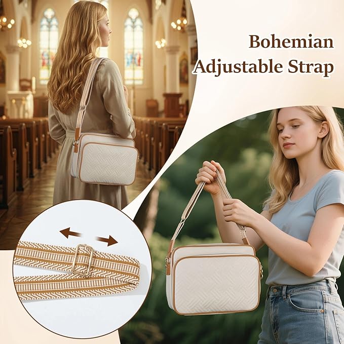 MHJY Bible Bag Leather Bible Cover Case for Women Zipper Quilted Bible Cover with Bible Tabs and Shoulder Strap Crossbody Purses for Book Cover