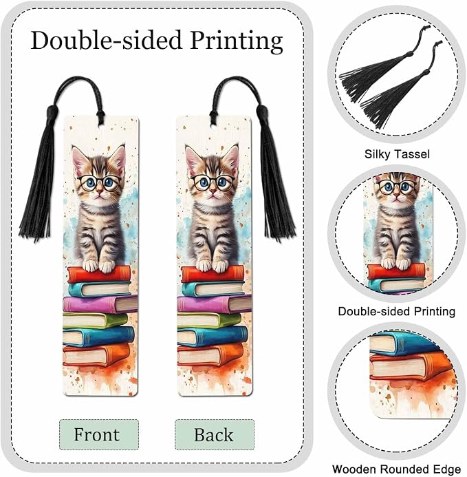 Cute Baby Cat 5 Pcs Bookmarks Wearing Glasses Pet Animal Reading Book Wooden Bookmarks with Tassel for Students Reader Teachers Book Lovers