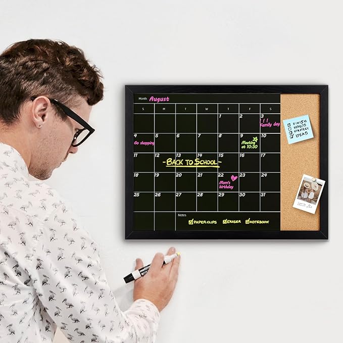 Combination Calendar & Memo Board, Magnetic Surface Monthly Calendar, Wall Mountable, Decorative Black Wood Framed(R-ZHYL-BK,4333)