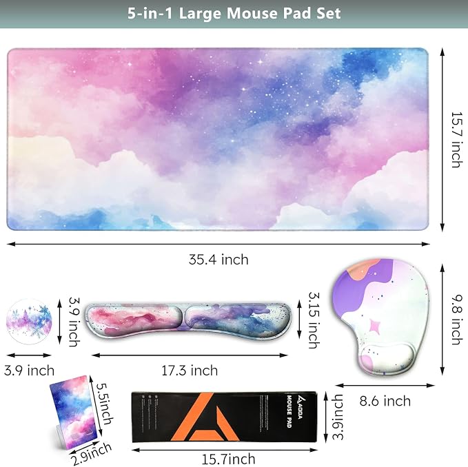 AQQA Colorful Star Large Mouse Pad Set, Pink Desk Mat for Desktop, Women Girls Purple Waterproof Desk Pad,Mouse Wrist Rest+Coaster Ergonomic Design for Home Office Computer 31.5x15.7Inches