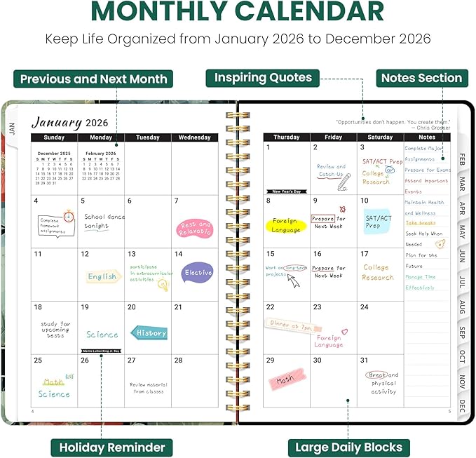 2026 Planner, Weekly and Monthly Planner for Women, Jan 2026 - Dec 2026 Pretty 2026 Calendar Planner with Monthly Tabs, Inner Pocket, Spiral Binding, Perfect for Office Home School - 6.3" x 8.5", Poppy Garden
