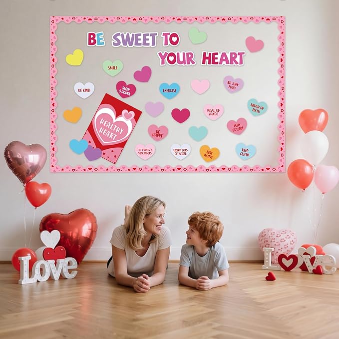 Pajean Valentine's Day Heart Bulletin Board Set Romantic Love Classroom Decorations Sweet Day Theme Paper Cutouts for Wall Window Decor School Office Supplies(Conversation Hearts)