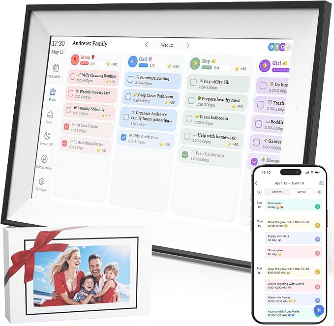10.1 Inch Smart Family Digital Calendar with Touchscreen – All-in-One Planner, Chore & Meal Chart, Syncs with Google/Outlook/iOS, WiFi Desk Organizer & Digital Photo Frame (Black)