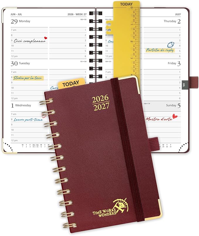 POPRUN Pocket calendar 2026-2027,pocket planner Jul 2026-Jan 2027, 6.5" x 3.5" Small Planner for Purse,Inner-pocket Weekly Planners with Hardcover, Tabs, Ruler, Pen Loop ,Unisex Weekly Planners for Organizing and Office - Burgundy