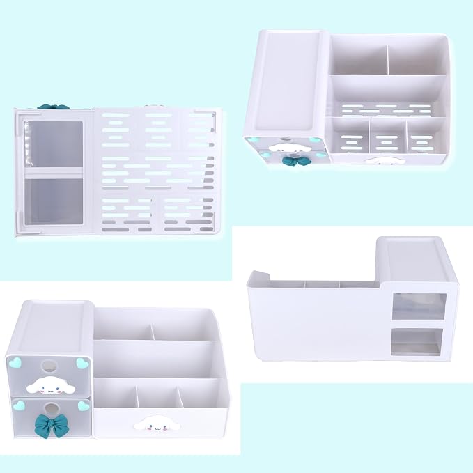 Roffatide Small Makeup Brush Organizer Holder with 2 Drawer 6 Slots, Cosmetic Brushes Storage, Cute Cartoon Puppy Pen Holder for Office Supplies Container