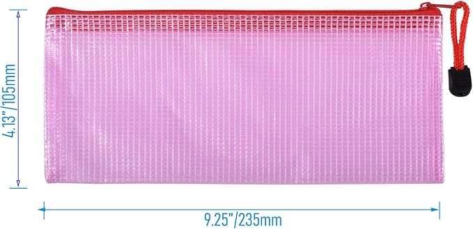6 Pcs 4.13" x 9.25" Bills Sizes Mesh Zipper Pouch Bags, Mesh Bags with Zipper，Waterproof Clear document pouch for Organization Puzzles Travel, Office, Classroom Organization, Bills Red