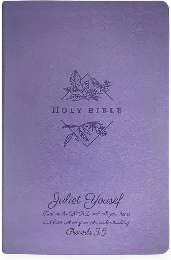 Personalized NLT Bible New Living Translation Thinline Faux Leather Holy Bible with Custom Name in Dark Purple | Large Print | Custom Gift for Religious Celebrations | Lavender/Purple
