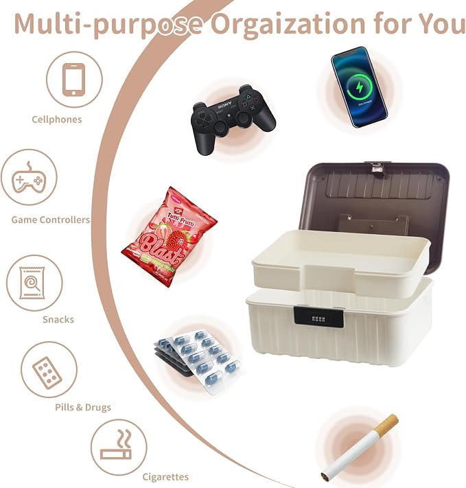 2-Tier Locking Storage Box with 4-Digit Combination Lock, Portable Stackable File & Medicine Organizer for Home, Office, Dorm (Brown, 11.42x8.66x4.45 Inches)