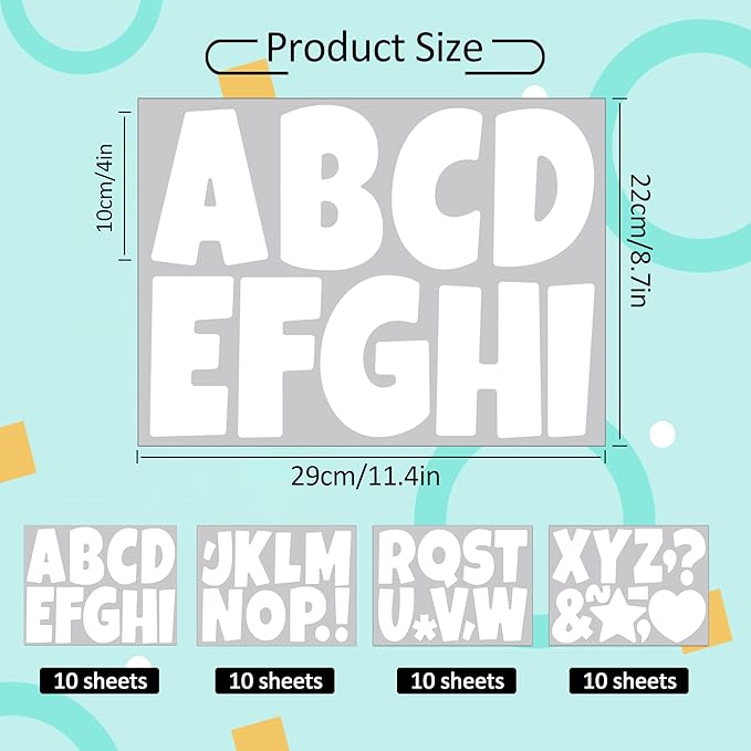 390 PCS Bulletin Board 40 Sheets Letters Large Letter Stickers Vinyl Waterproof Self-Adhesive Alphabet Sticker Letters for Poster Board Display Classroom School Mailbox Home Decor (4 Inch, White)