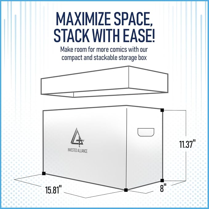 Invested Alliance Premium Short Comic Book Storage Box Organizer with Lid | Thick Cardboard Comic Storage Box For Collectibles Fits 150-175 Current/Silver Age, Heavy Duty & Stackable.