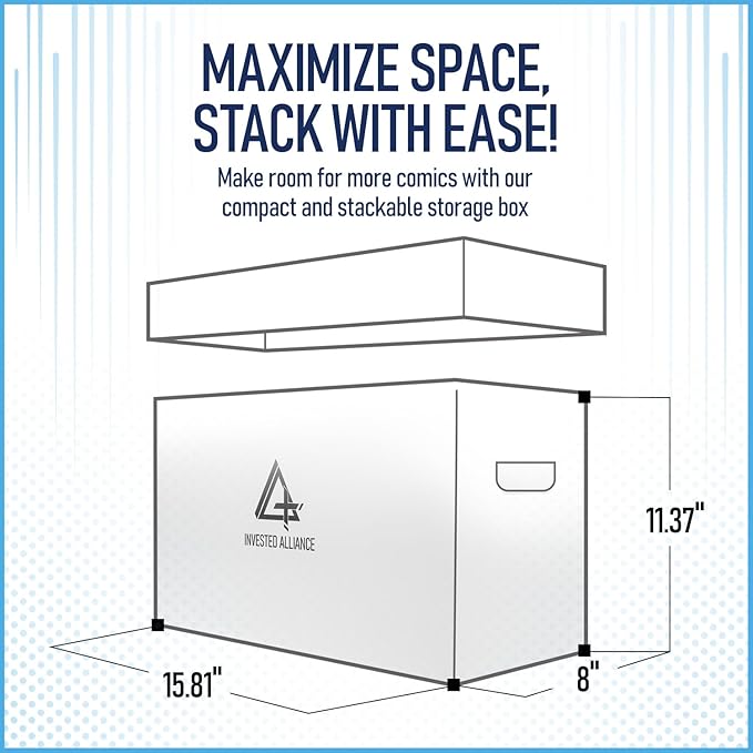 Invested Alliance Premium Short Comic Book Storage Box Organizer with Lid | Thick Cardboard Comic Storage Box For Collectibles Fits 150-175 Current/Silver Age, Heavy Duty & Stackable.