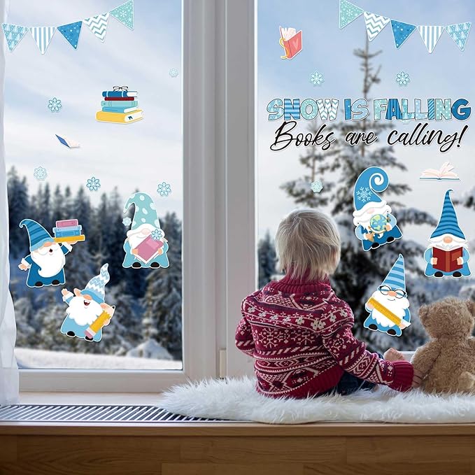 Pasimy Winter Bulletin Board Decorations Gnome Reading Classroom Decor January Bulletin Board Set Snow is Falling Books are Calling Snowflake Cutouts for Kindergarten Office Library Wall Door Display